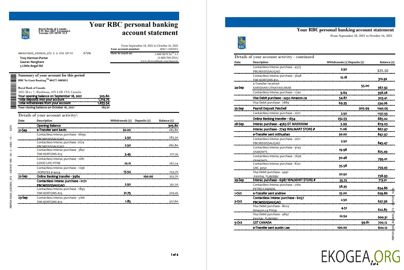 Modèle de relevé bancaire de la Banque Royale du Canada (RBC) au format de fichier .xls et .pdf (4 pages) (AutoSum)